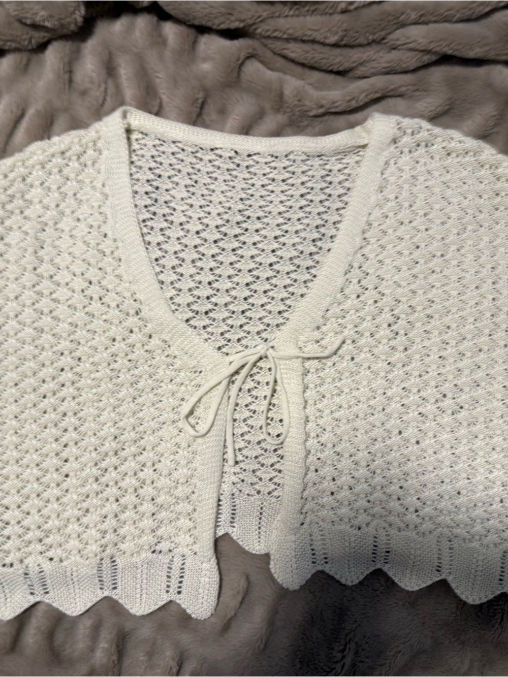 White Crochet Knit Tie-Front Cropped Cardigan